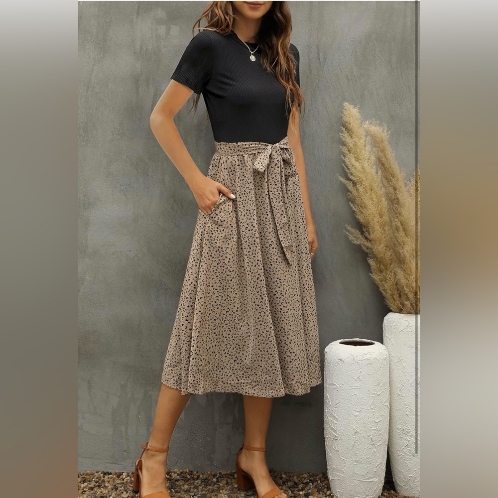Classic Beige Printed Tie-Waist Midi Skirt - Women